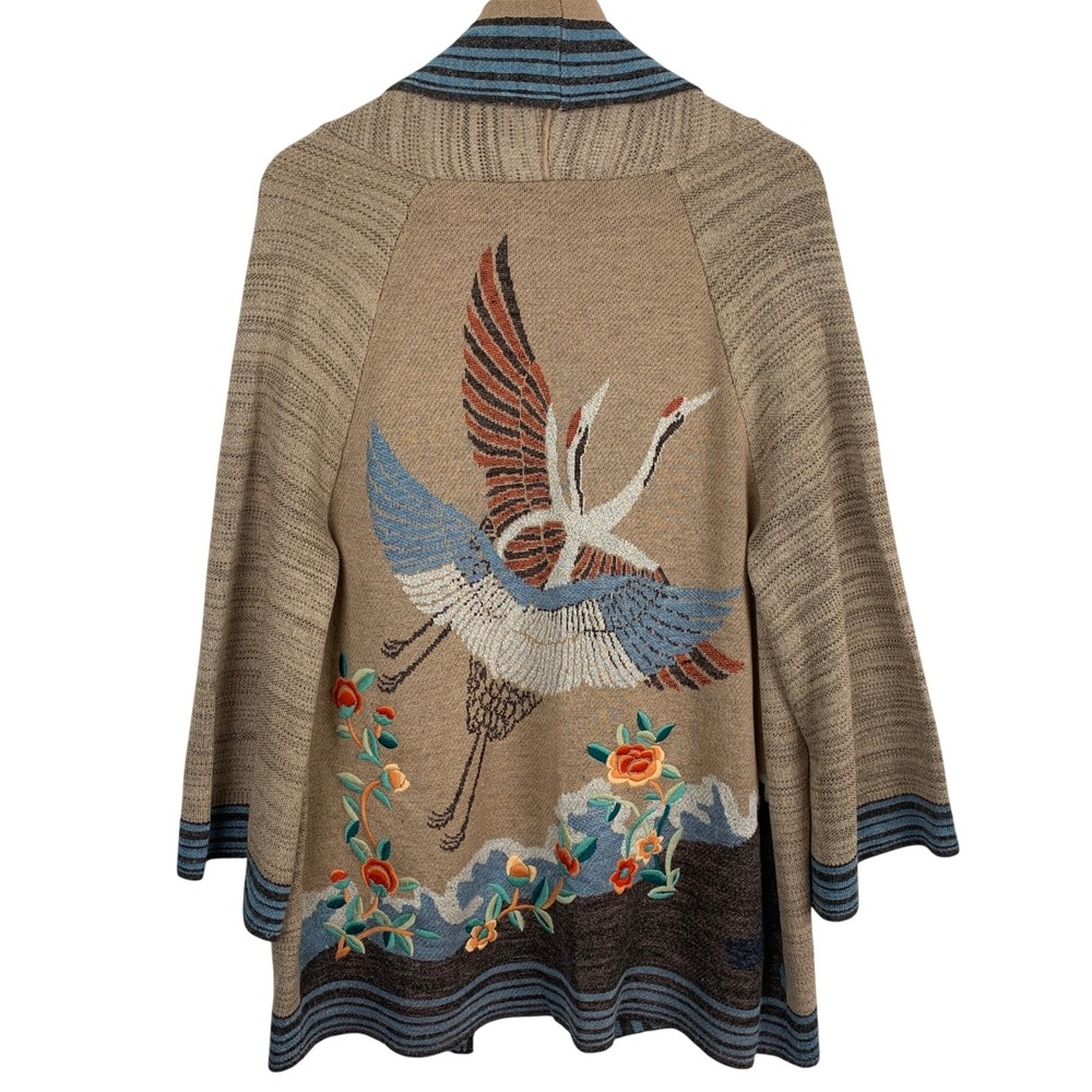 Anthropologie HWR Embroidered Crane Kimono Cardigan Sweater Sz S Tan Blue